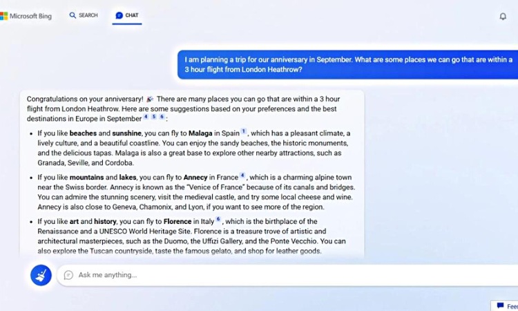 Người dùng cũng có thể trò chuyện với chatbot ngay trên Bing mới