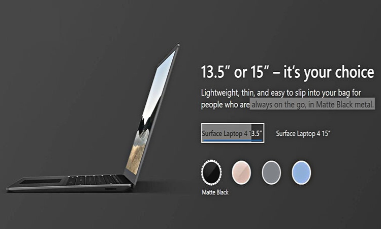 Các tùy chọn màu sắc và kich thước màn hình của Surface Laptop 4