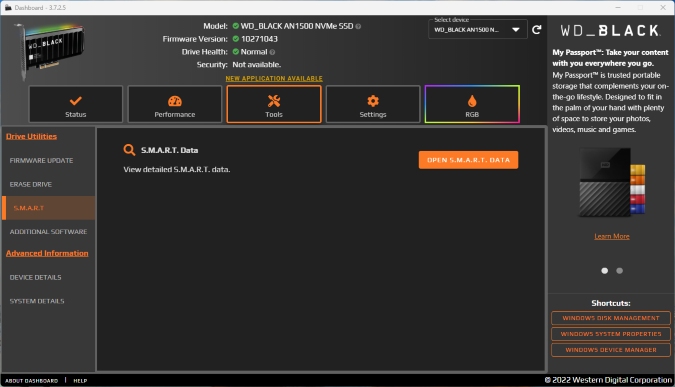 kiểm tra ở cứng ssd qua Dashboard