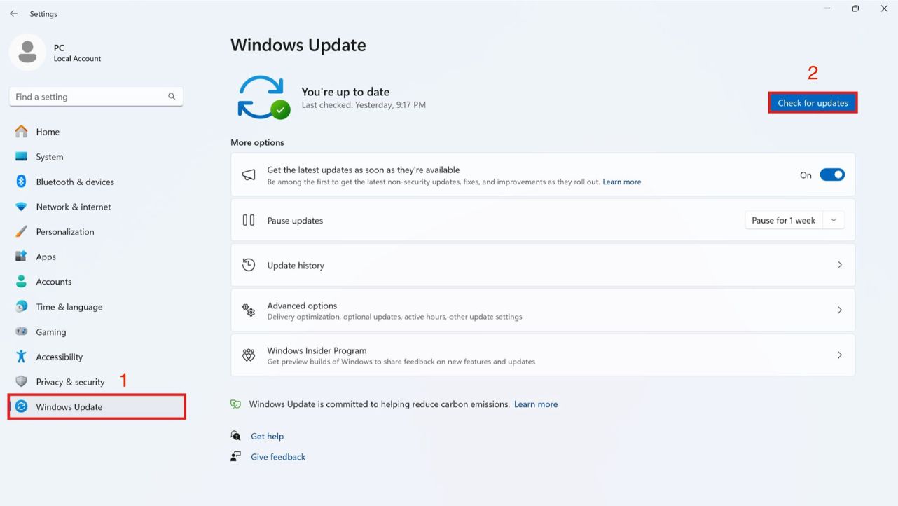 Cập nhật qua Windows Update